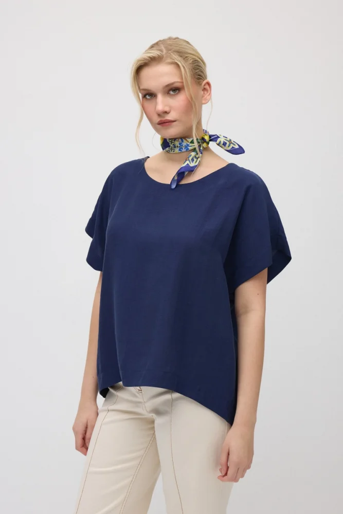 Round Neck Tencel Blouse - Navy Blue - Gusto