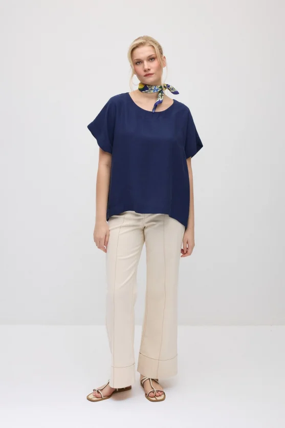 Round Neck Tencel Blouse - Navy Blue - Gusto