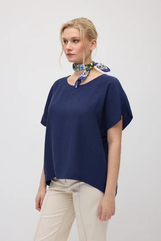 Round Neck Tencel Blouse - Navy Blue - Gusto