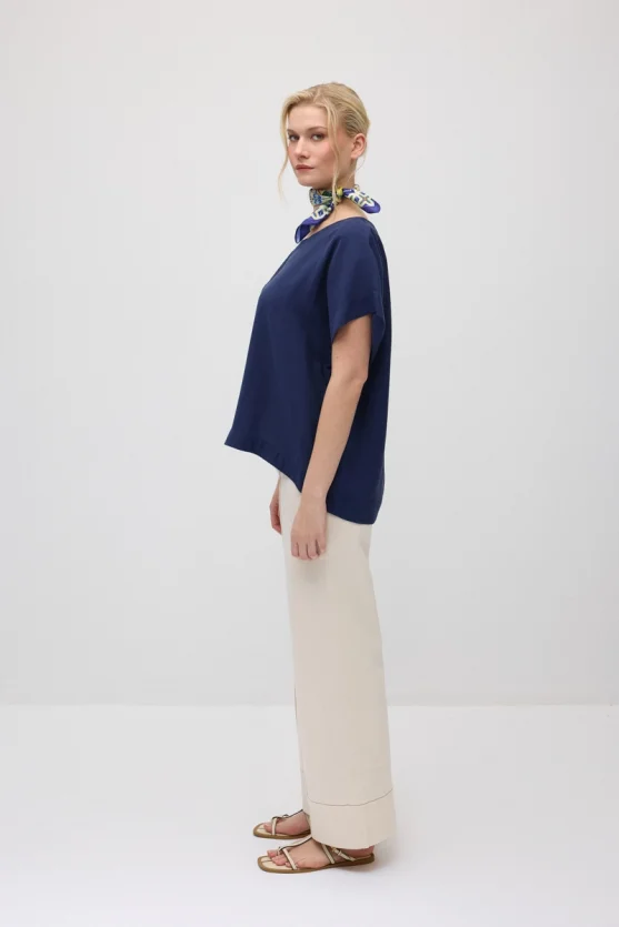 Round Neck Tencel Blouse - Navy Blue - 5