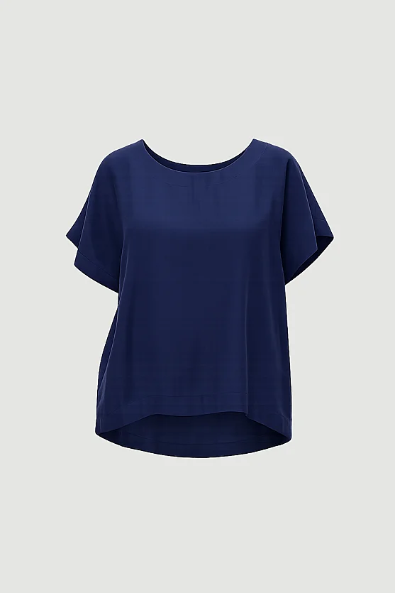 Round Neck Tencel Blouse - Navy Blue - Gusto