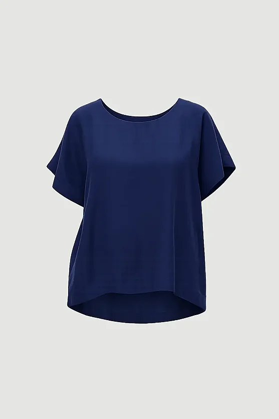 Round Neck Tencel Blouse - Navy Blue - 7