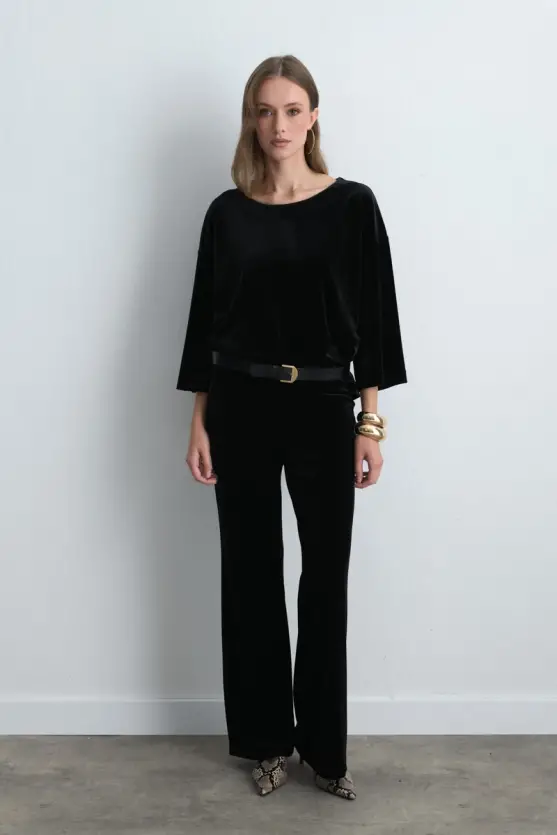 Round Neck Velvet Blouse Black - 2
