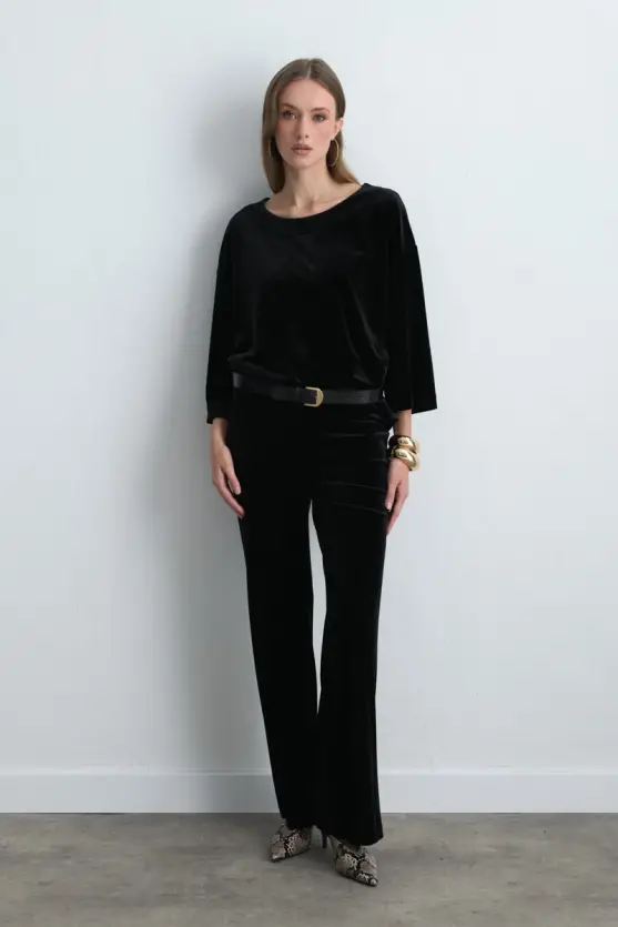 Round Neck Velvet Blouse Black - 4