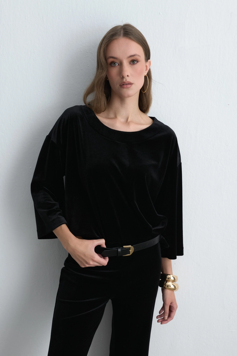 Round Neck Velvet Blouse Black - 3
