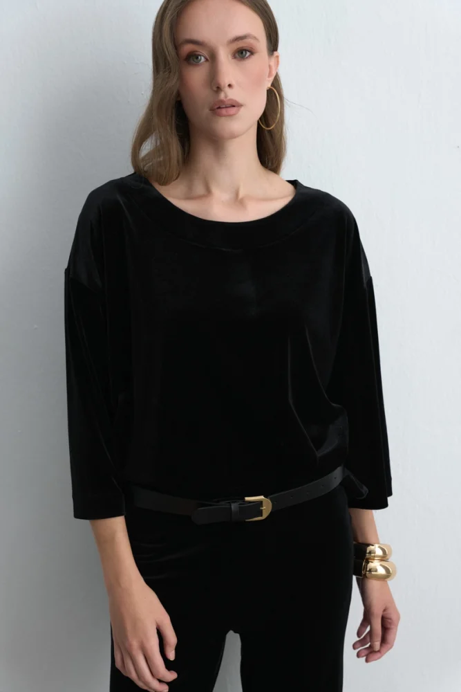 Round Neck Velvet Blouse Black Black