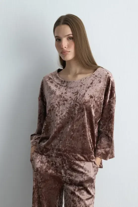 Round Neck Velvet Blouse - Dusty Rose - 3