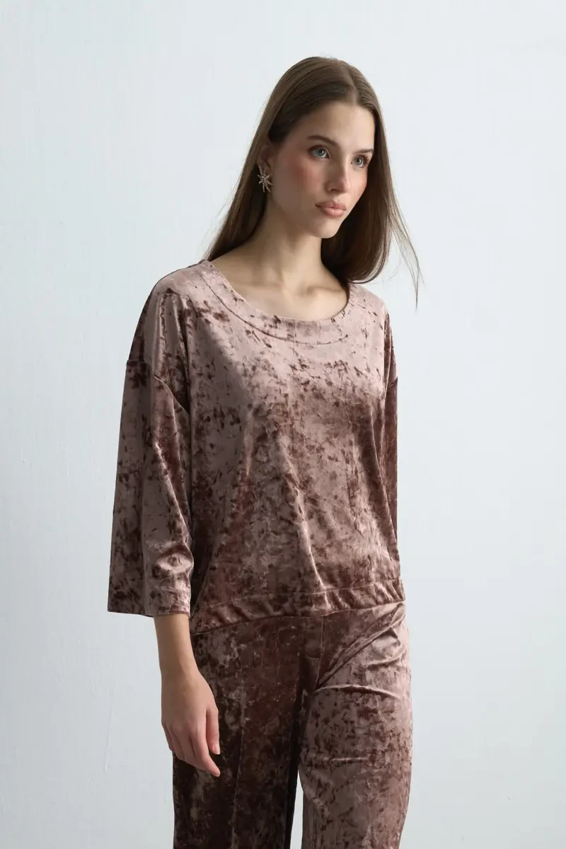 Round Neck Velvet Blouse - Dusty Rose - 1