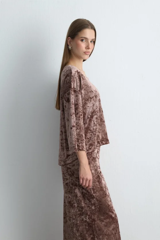 Round Neck Velvet Blouse Dusty Rose - 4