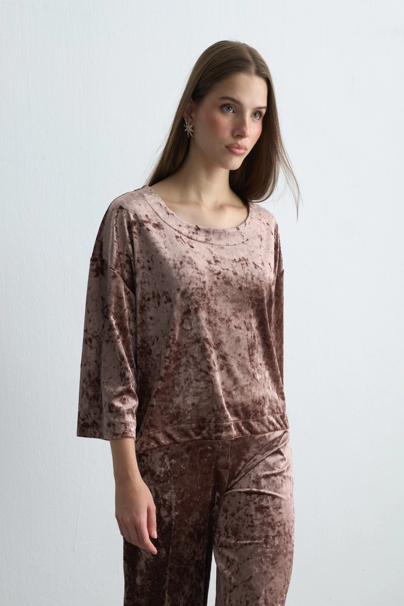 Round Neck Velvet Blouse Dusty Rose Dried Rose