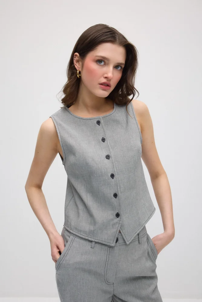 Round Neck Viscose Linen Vest - Grey Gray