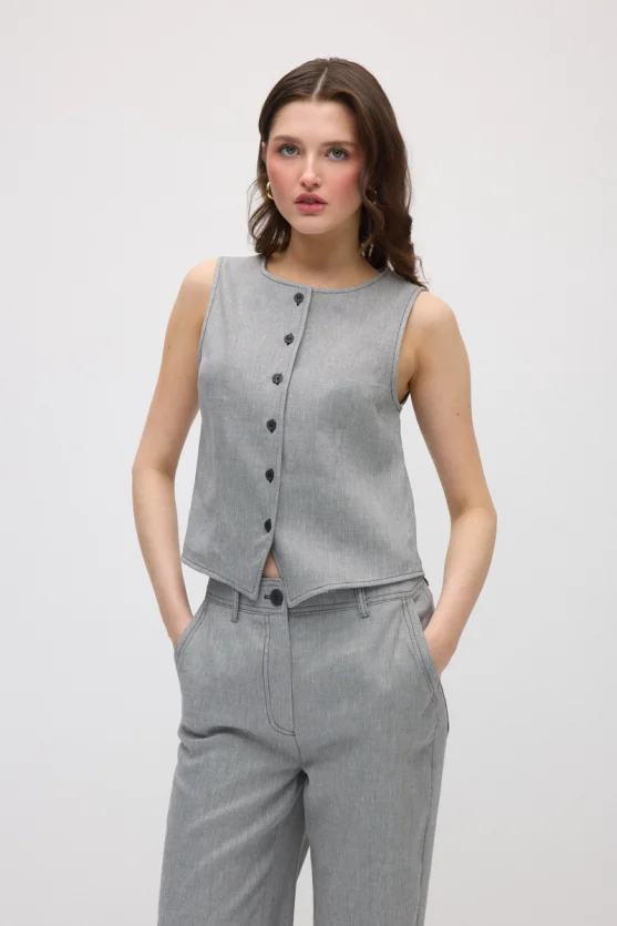 Round Neck Viscose Linen Vest - Grey - 3