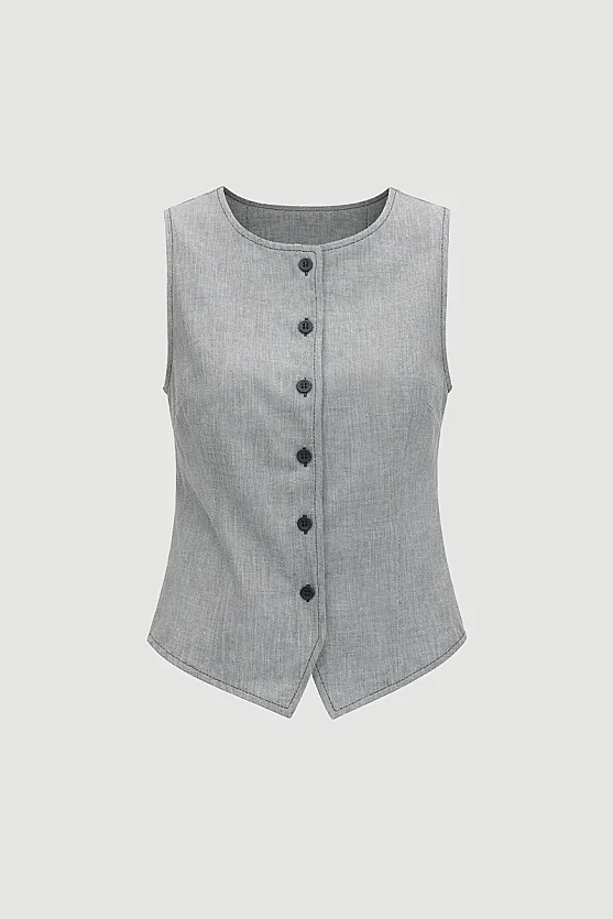 Round Neck Viscose Linen Vest - Grey - Gusto