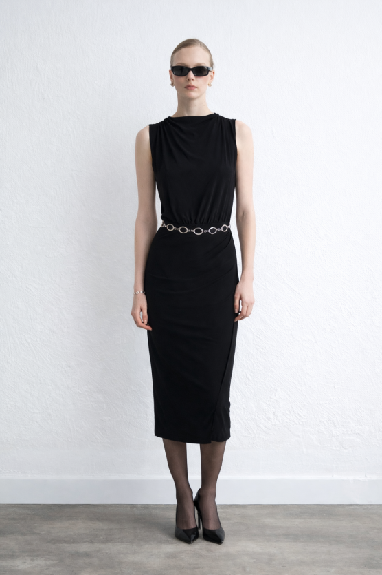 Ruched Jersey Midi Dress - Black - Gusto