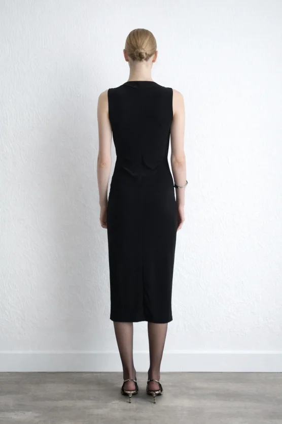 Ruched Jersey Midi Dress - Black - 5