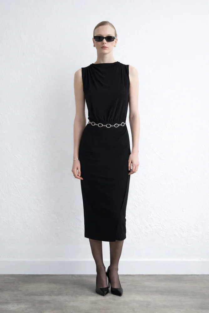 Ruched Jersey Midi Dress - Black Black