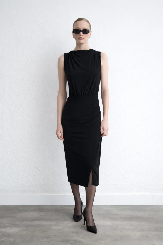 Ruched Jersey Midi Dress Black - 2