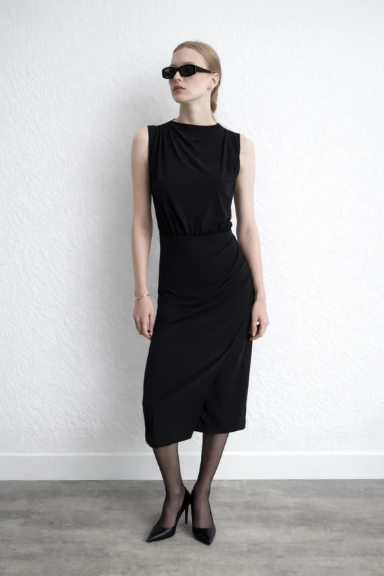 Ruched Jersey Midi Dress Black - Gusto