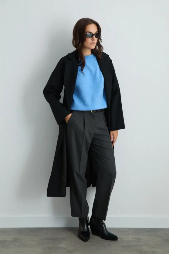 Ruched Sleeve Knit Top - Blue - Gusto