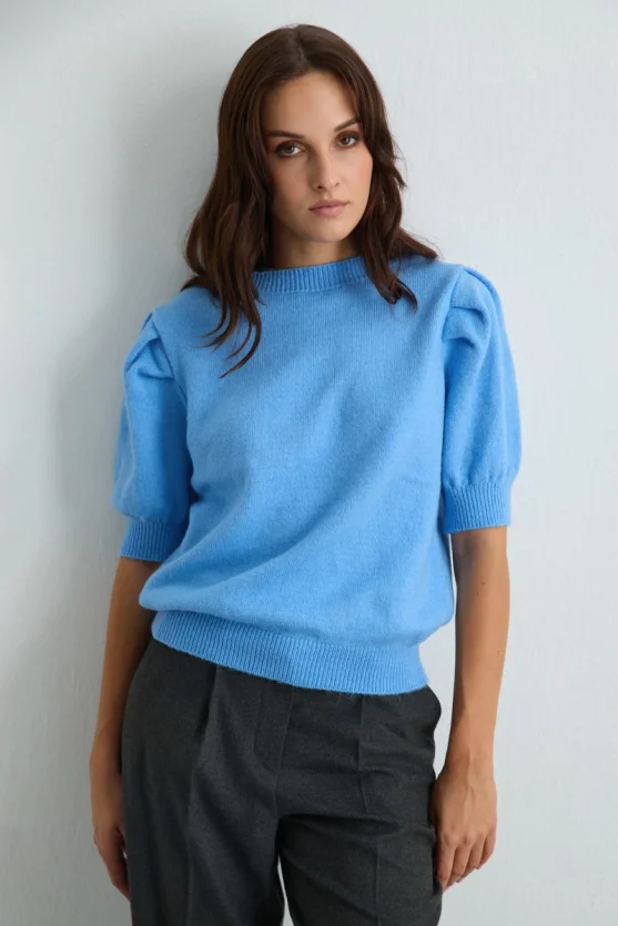 Ruched Sleeve Knit Top - Blue - Gusto