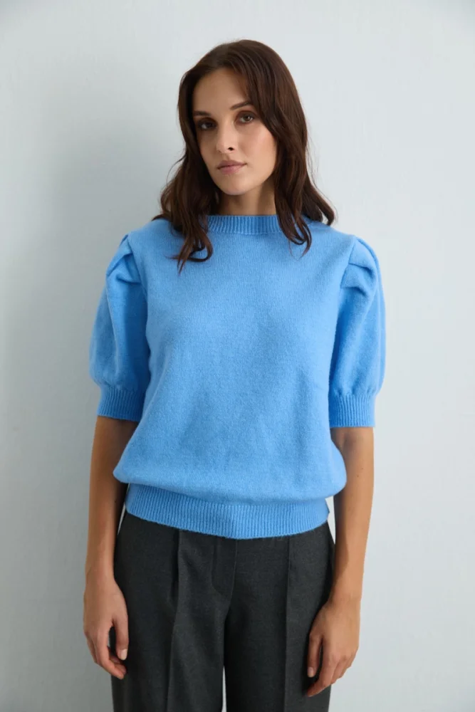 Ruched Sleeve Knit Top - Blue
