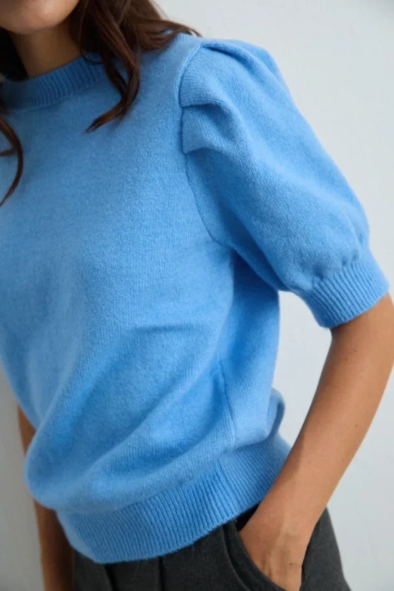 Ruched Sleeve Knit Top Blue - Gusto