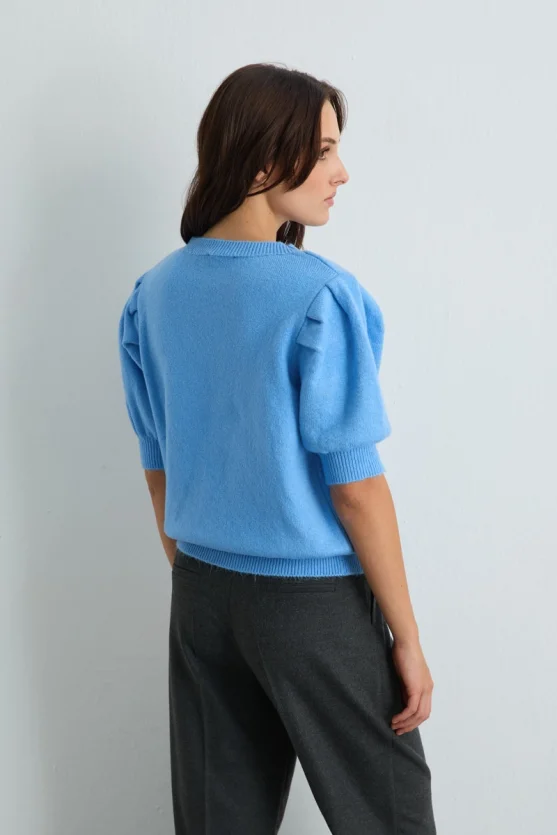 Ruched Sleeve Knit Top Blue - Gusto