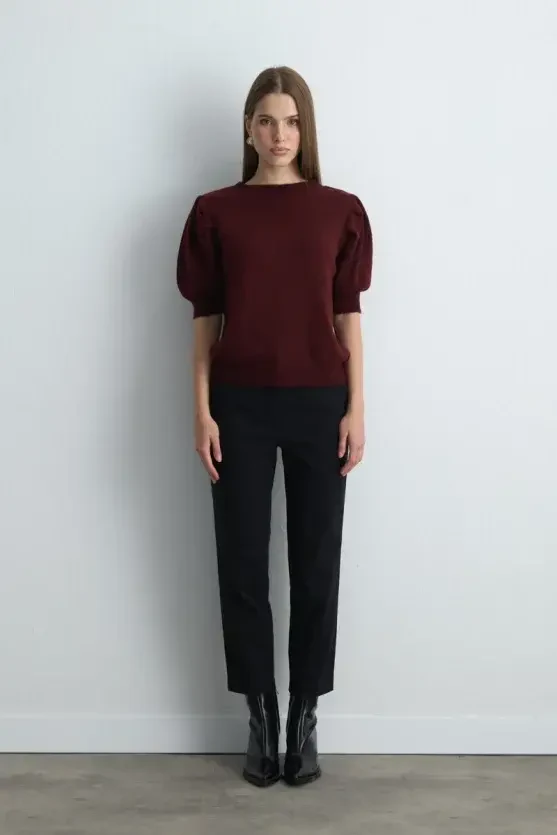 Ruched Sleeve Knitwear - Burgundy - Gusto