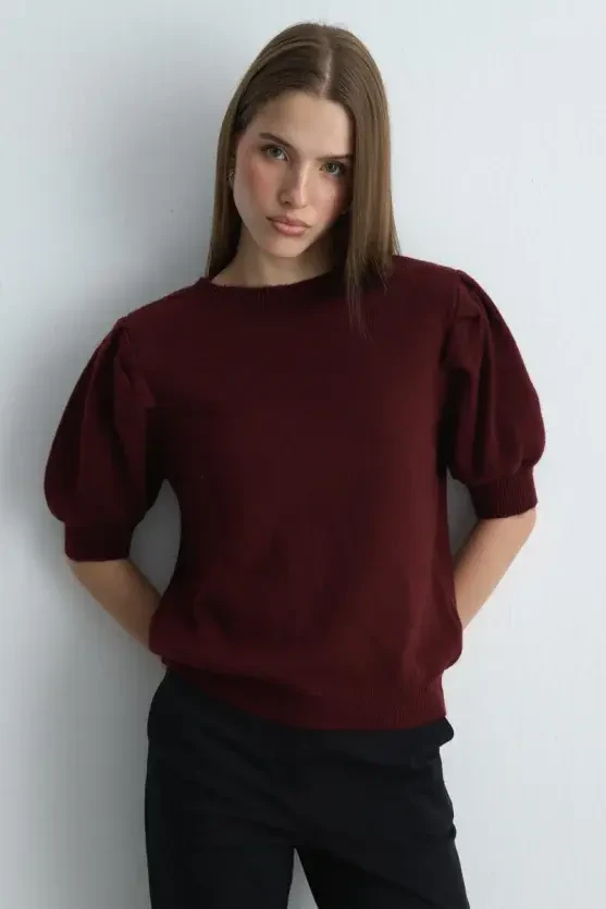 Ruched Sleeve Knitwear - Burgundy - 3