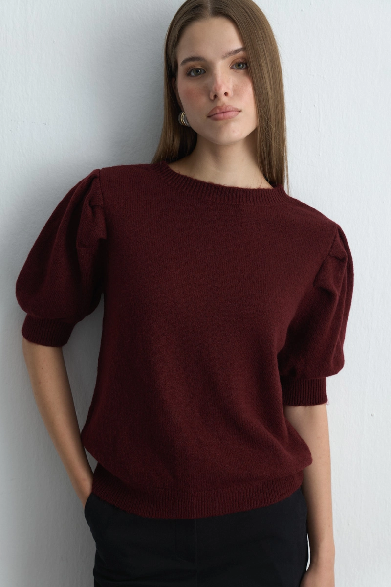 Ruched Sleeve Knitwear Burgundy - Gusto