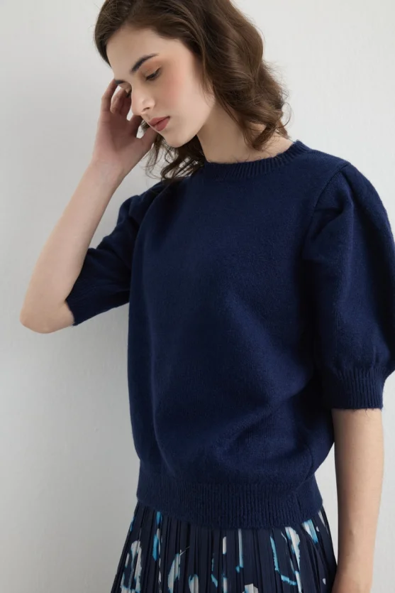 Ruched Sleeve Knitwear - Navy - 5
