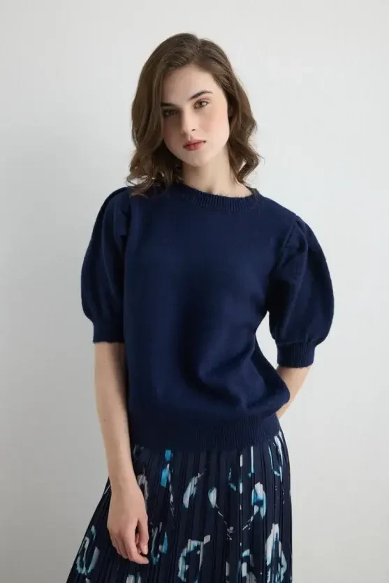 Ruched Sleeve Knitwear - Navy - Gusto