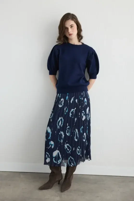 Ruched Sleeve Knitwear - Navy - Gusto