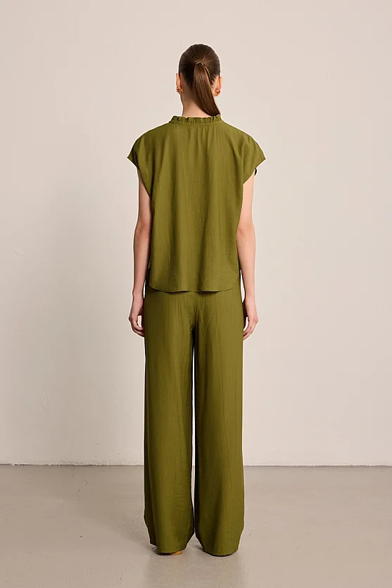 Ruffle Collar Blouse with Beaded Detail - Khaki - 4