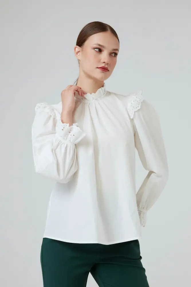 Ruffle Collared Cotton Shirt - Ecru Ecru