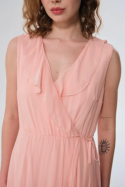 Ruffle Long Viscose Chiffon Dress - Powder Pink - 3