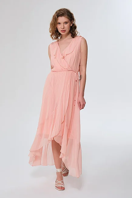 Ruffle Long Viscose Chiffon Dress - Powder Pink - Gusto