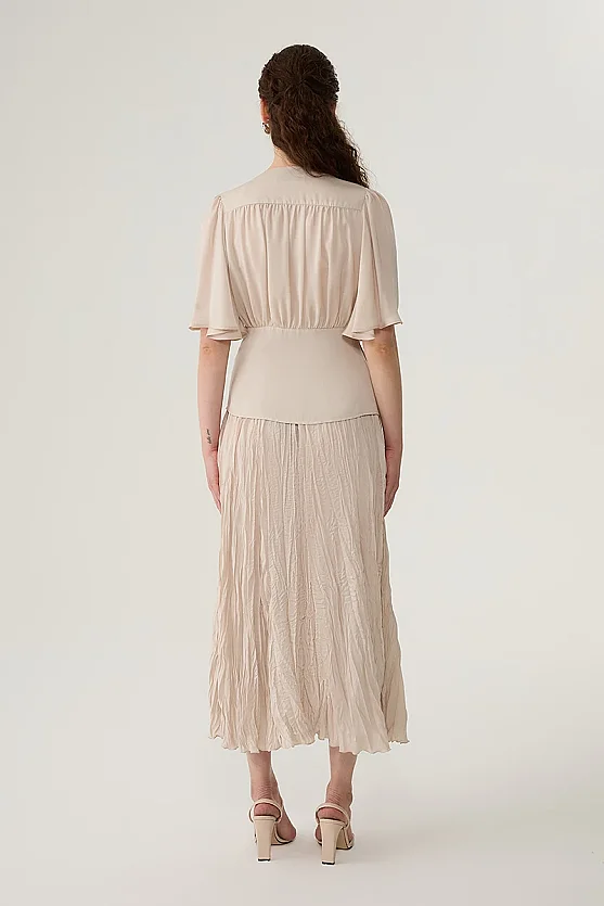Ruffle Sleeve V-Neck Blouse - Stone - 6