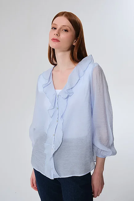 Ruffle Viscose Blouse - Blue - Gusto