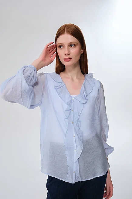 Ruffle Viscose Blouse - Blue - Gusto