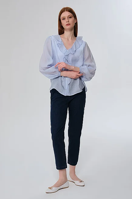 Ruffle Viscose Blouse - Blue - Gusto