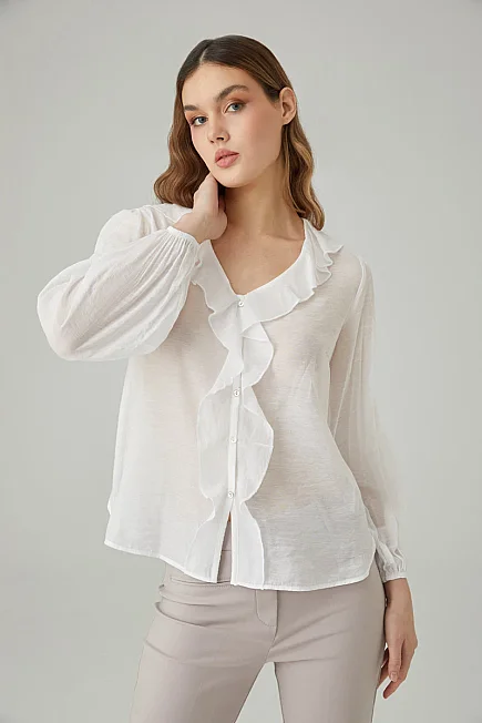 Ruffle Viscose Blouse - White - 1