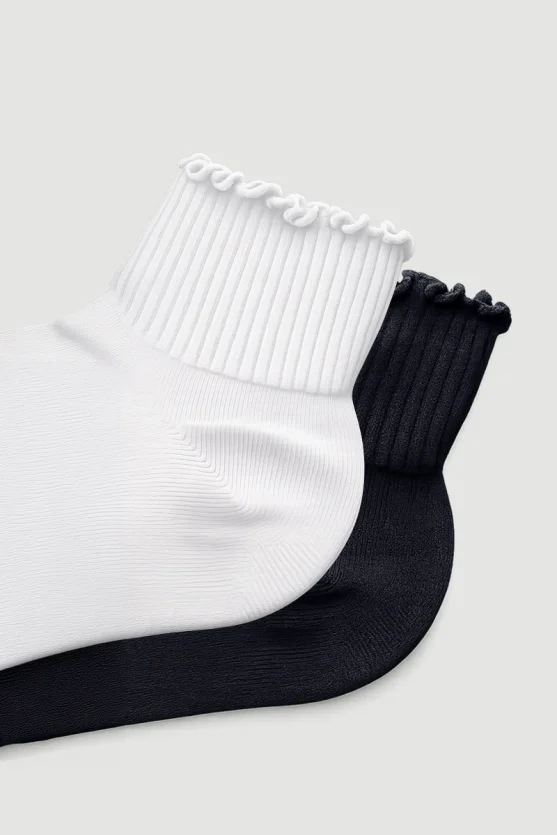 Ruffled 2-Piece Bamboo Socks - Black/Ecru - Gusto