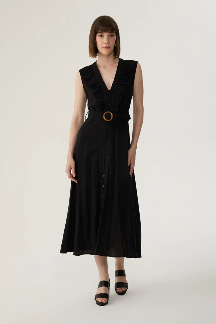 Ruffled Collar Belted Long Linen Dress - Black Black