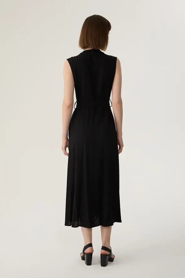 Ruffled Collar Belted Long Linen Dress - Black - 5