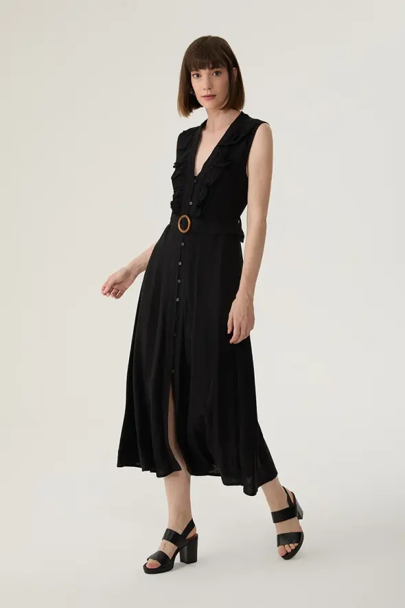 Ruffled Collar Belted Long Linen Dress - Black - 2