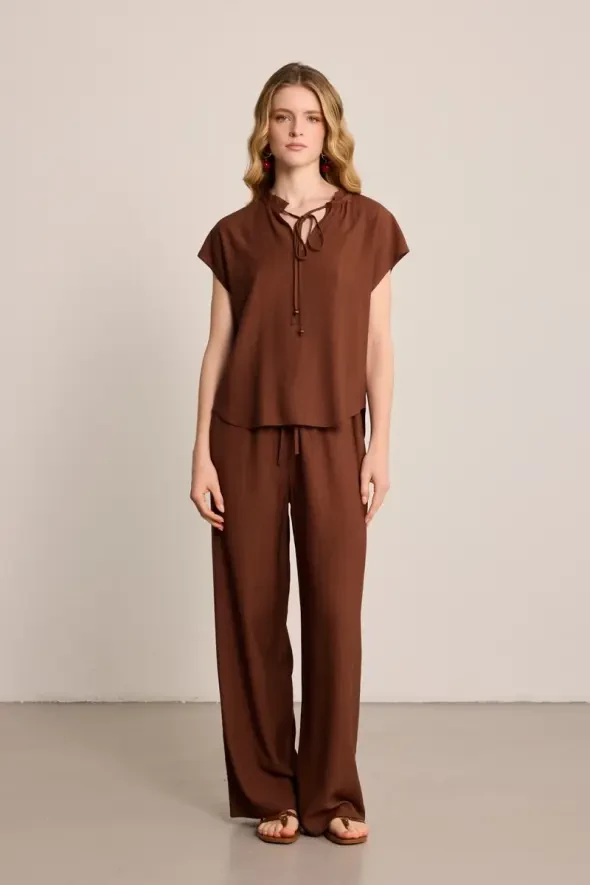 Ruffled Collar Blouse with Beaded Accessories - Brown - 2