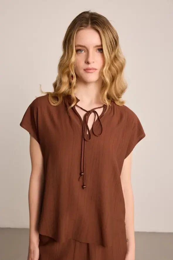 Ruffled Collar Blouse with Beaded Accessories - Brown - 1