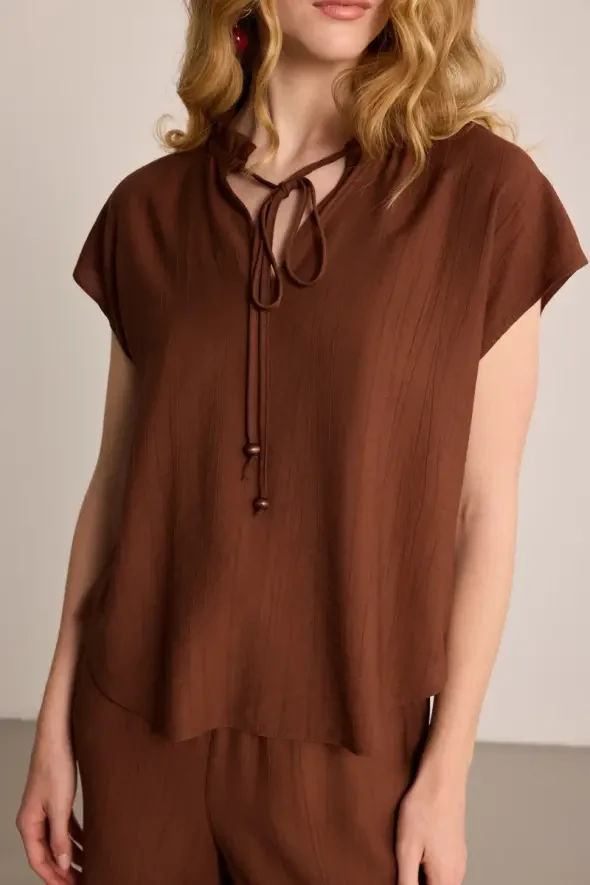 Ruffled Collar Blouse with Beaded Accessories - Brown - 3