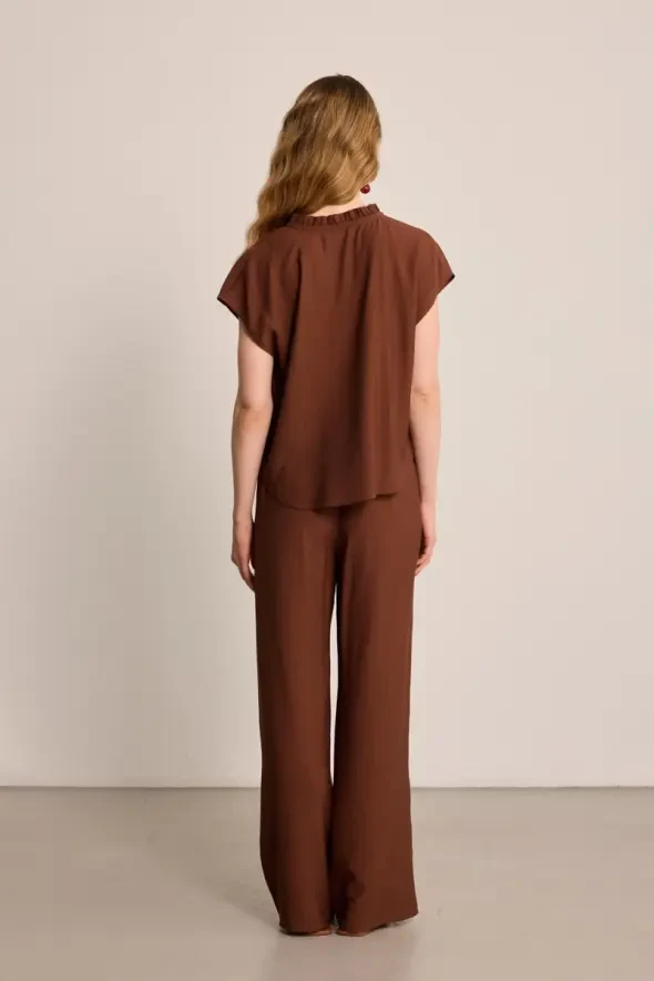 Ruffled Collar Blouse with Beaded Accessories - Brown - 4